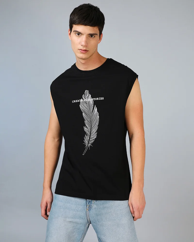 bewakoof Men's Black Create Good Stories Typography Super Loose Fit Vest